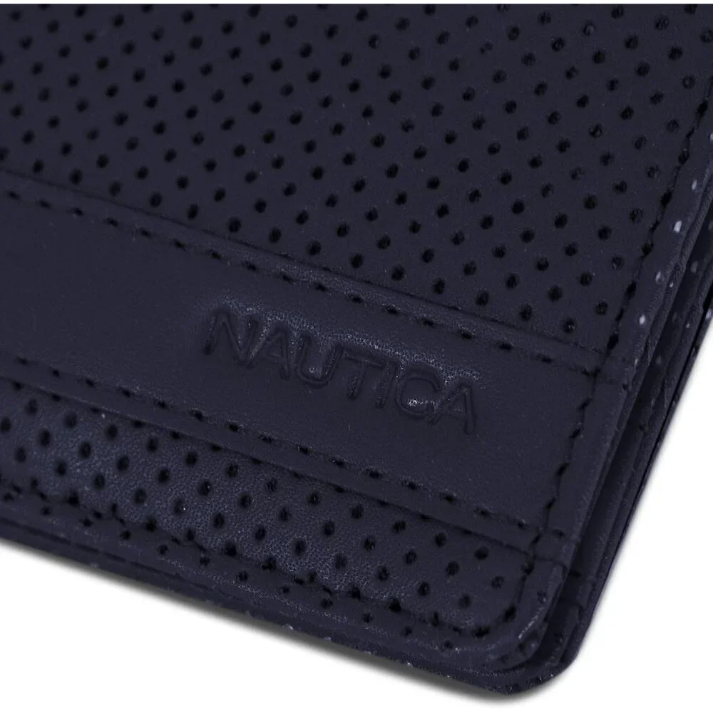 Men's Perforated-Navy Bifold Leather Wallet RFID Blocking ID Window Card Slots